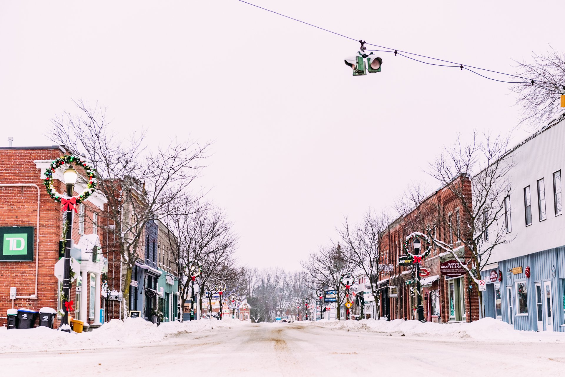 Downtown Coldwater in the winter with festive wreath decor