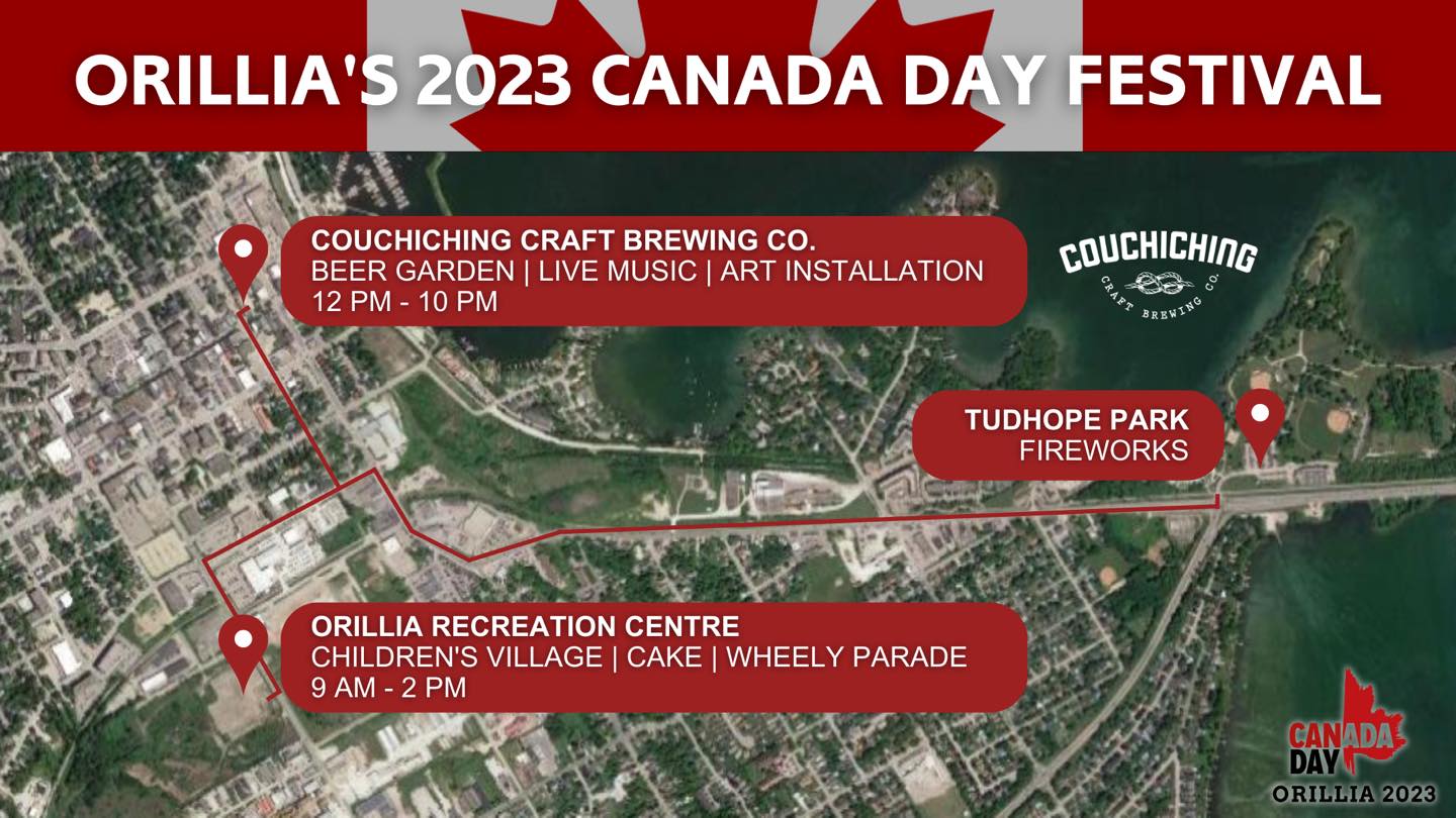 Orillia Canada Day 2023 Map of Orillia highlighting Orillia Recreation Centre, Couchiching Craft Brewing Co, and Tudhope Park