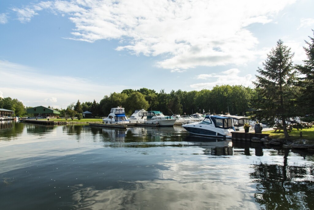 Ojibway Bay Marina in Rama First Nation with boats docked on the water