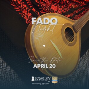 Photo depicting a Portuguese classical guitar with text describing a Fado event